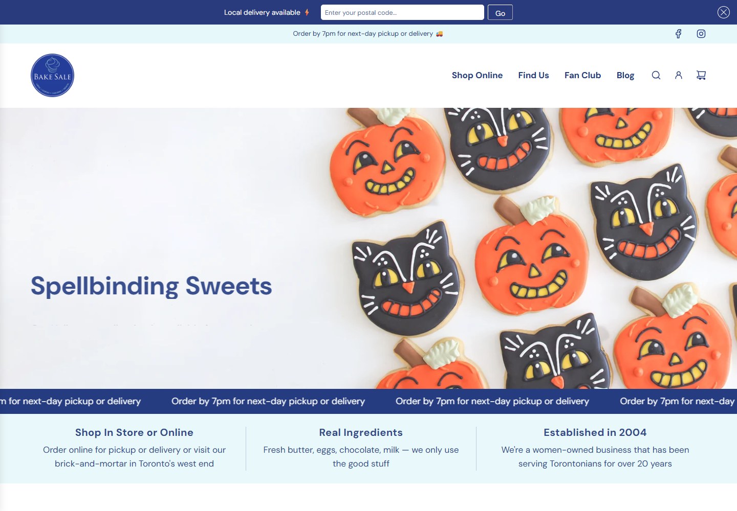 Actual Bake Sale Toronto storefront website with its products and customer assistant