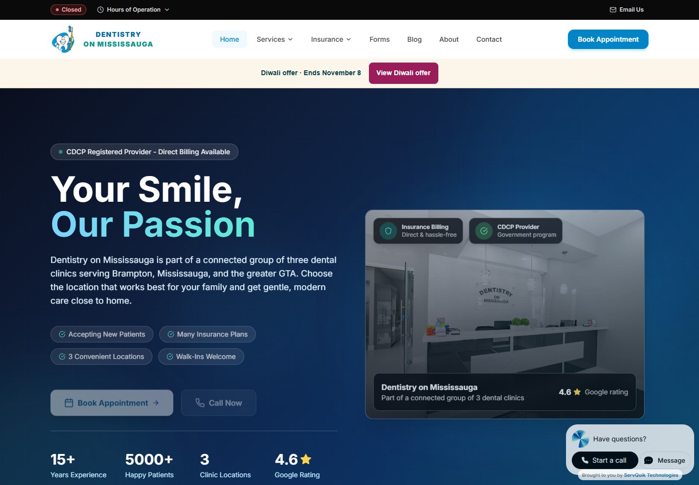 Actual Dentistry On Mississauga website, with its patient-focused service information and appointment journey