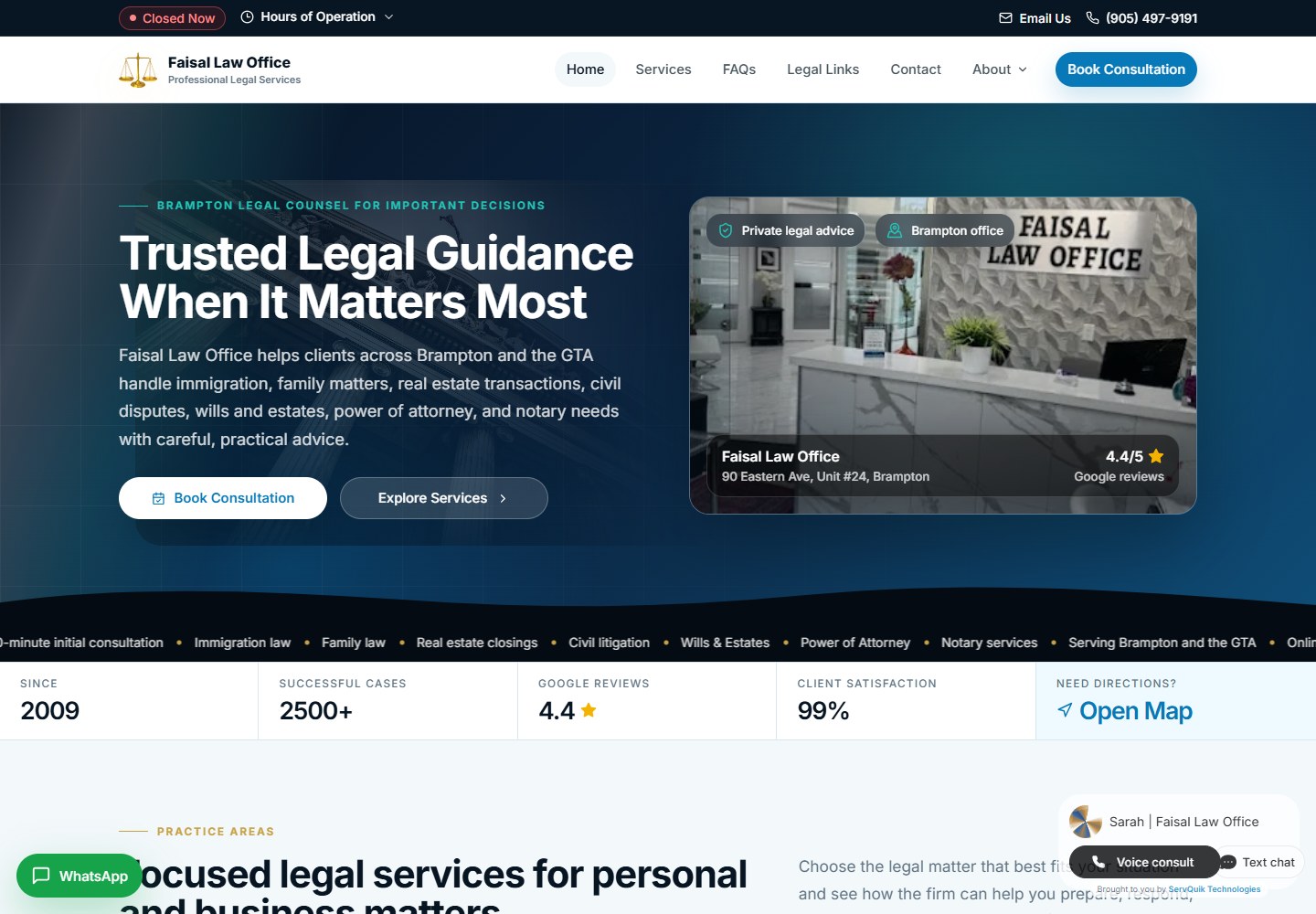 Actual modern Faisal Law Office website presenting the firm and clear consultation actions